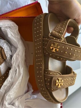Tory Burch Kids Tan Suede Studded Velcro Platform Sandals